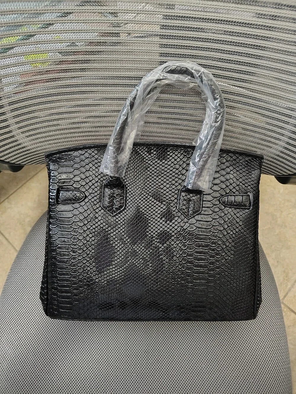 Brand New Fashion bag  Black Faux Snake-Texture Top-Handle with Gold Hardware